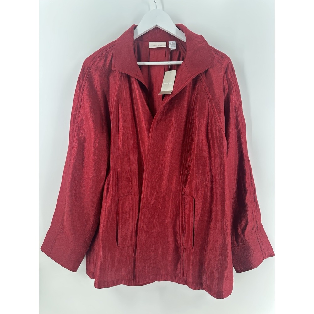 Chicos Women Red Open Front Jacket Cardigan Sz 2 Shimmery Holiday Pockets AC26